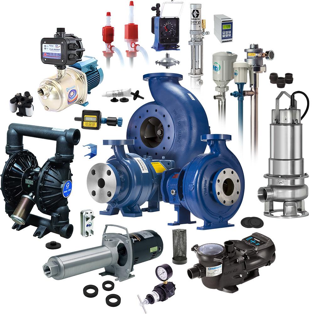 Assorted industrial process pumps including centrifugal and diaphragm types